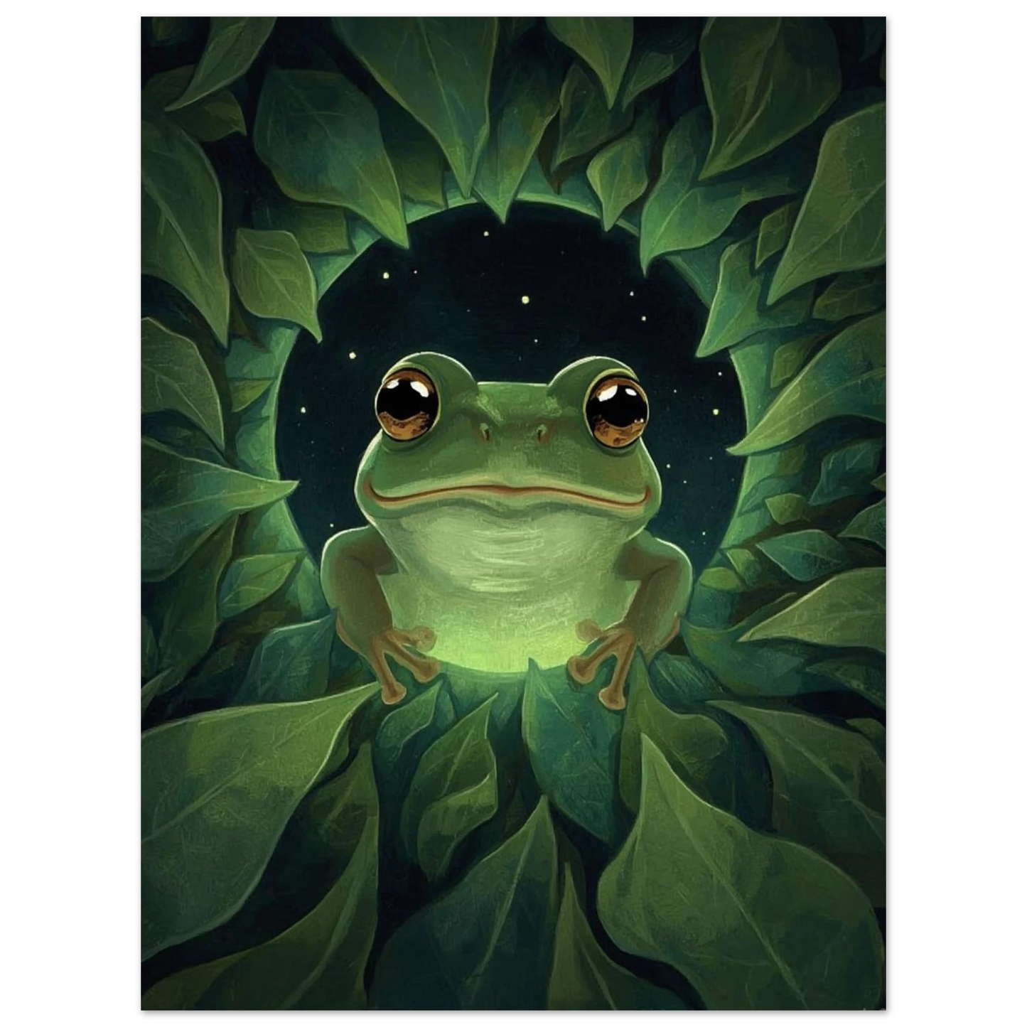 Lekfull grodposter med lysande detaljer och stjärnklar bakgrund, väggkonst