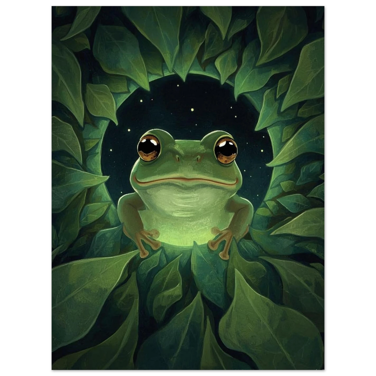 Lekfull grodposter med lysande detaljer och stjärnklar bakgrund, väggkonst