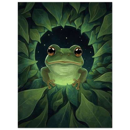 Lekfull grodposter med lysande detaljer och stjärnklar bakgrund, väggkonst