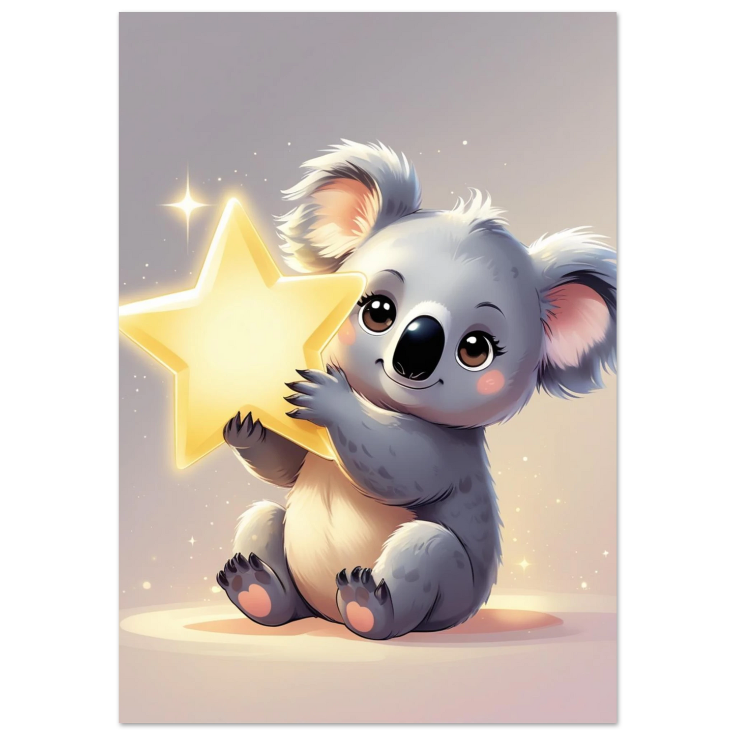 Grå koala kramar en lysande gul stjärna, digital illustration för barnrum