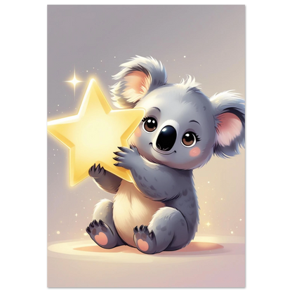 Grå koala kramar en lysande gul stjärna, digital illustration för barnrum