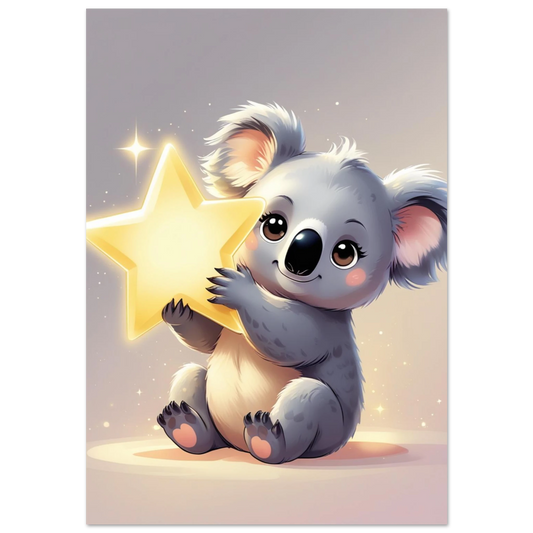 Grå koala kramar en lysande gul stjärna, digital illustration för barnrum