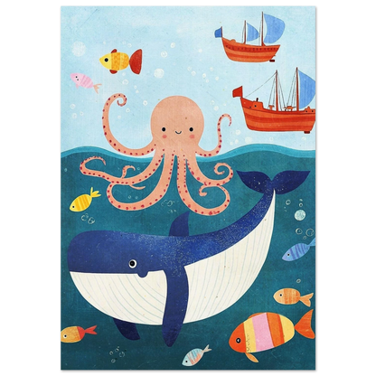 Blå val och rosa bläckfisk under vattenytan – marin barnposter