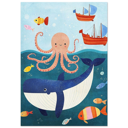 Blå val och rosa bläckfisk under vattenytan – marin barnposter