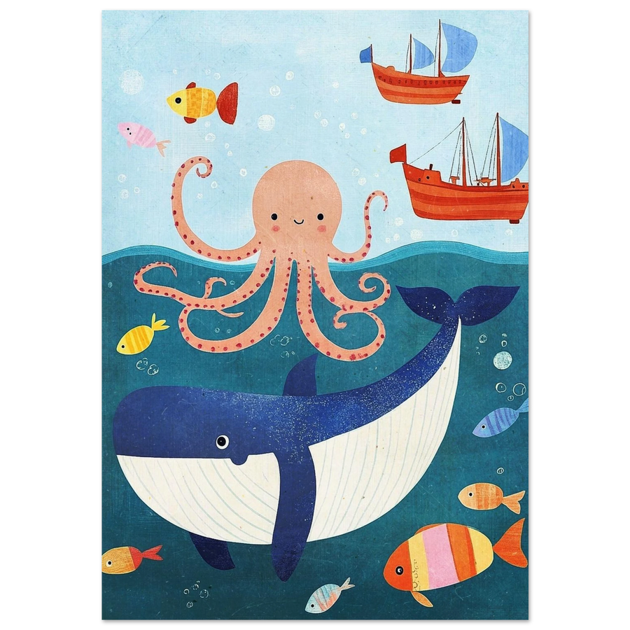 Blå val och rosa bläckfisk under vattenytan – marin barnposter