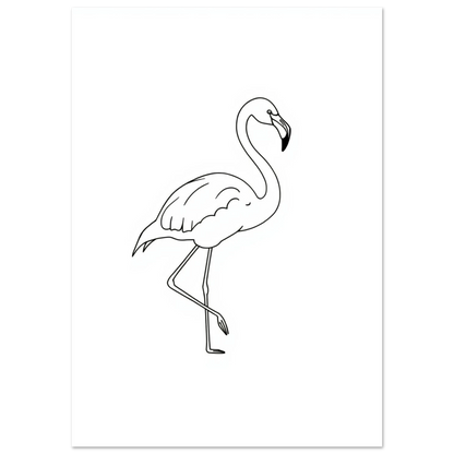 Grafisk poster med flamingons silhuett i tunna svarta linjer, djurmotiv