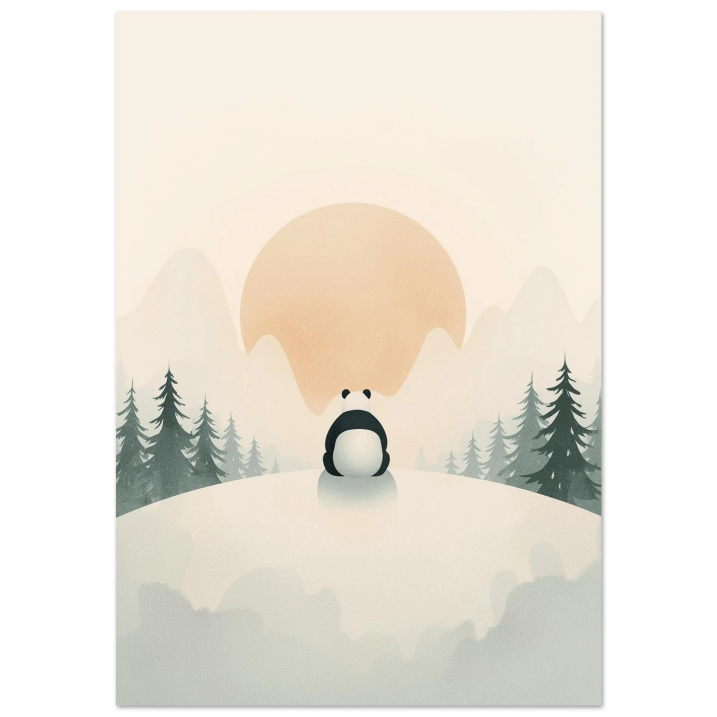 Panda som blickar mot solnedgång i snöigt bergslandskap, minimalistisk djurposter