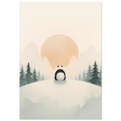 Panda som blickar mot solnedgång i snöigt bergslandskap, minimalistisk djurposter