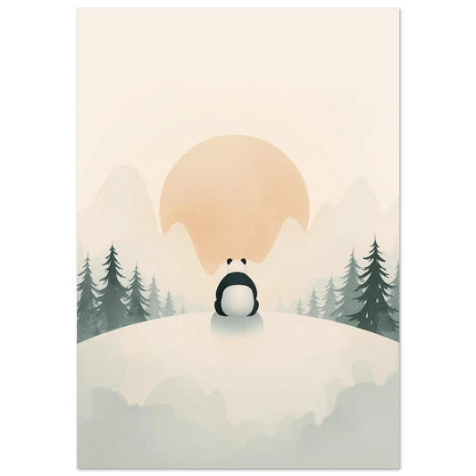 Panda som blickar mot solnedgång i snöigt bergslandskap, minimalistisk djurposter