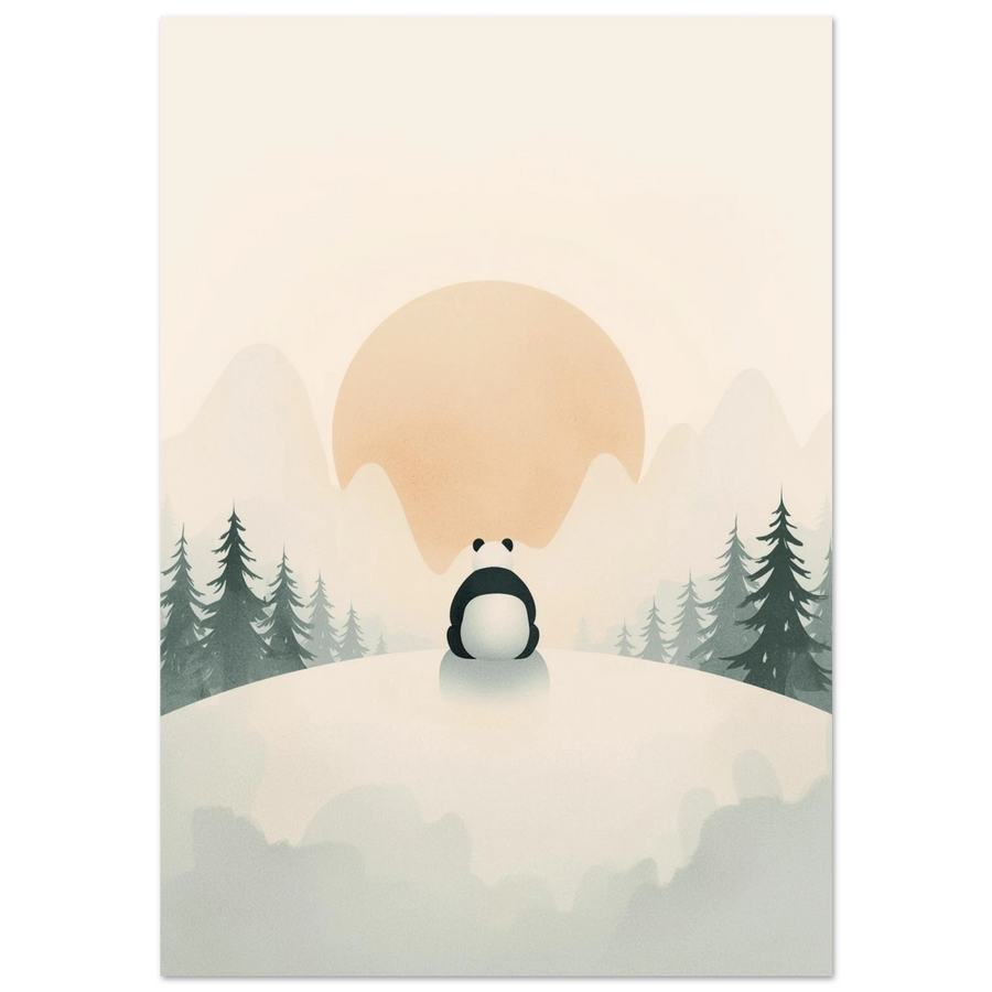 Panda som blickar mot solnedgång i snöigt bergslandskap, minimalistisk djurposter