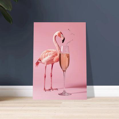 Flamingo med champagneglas på rosa bakgrund, festlig och elegant