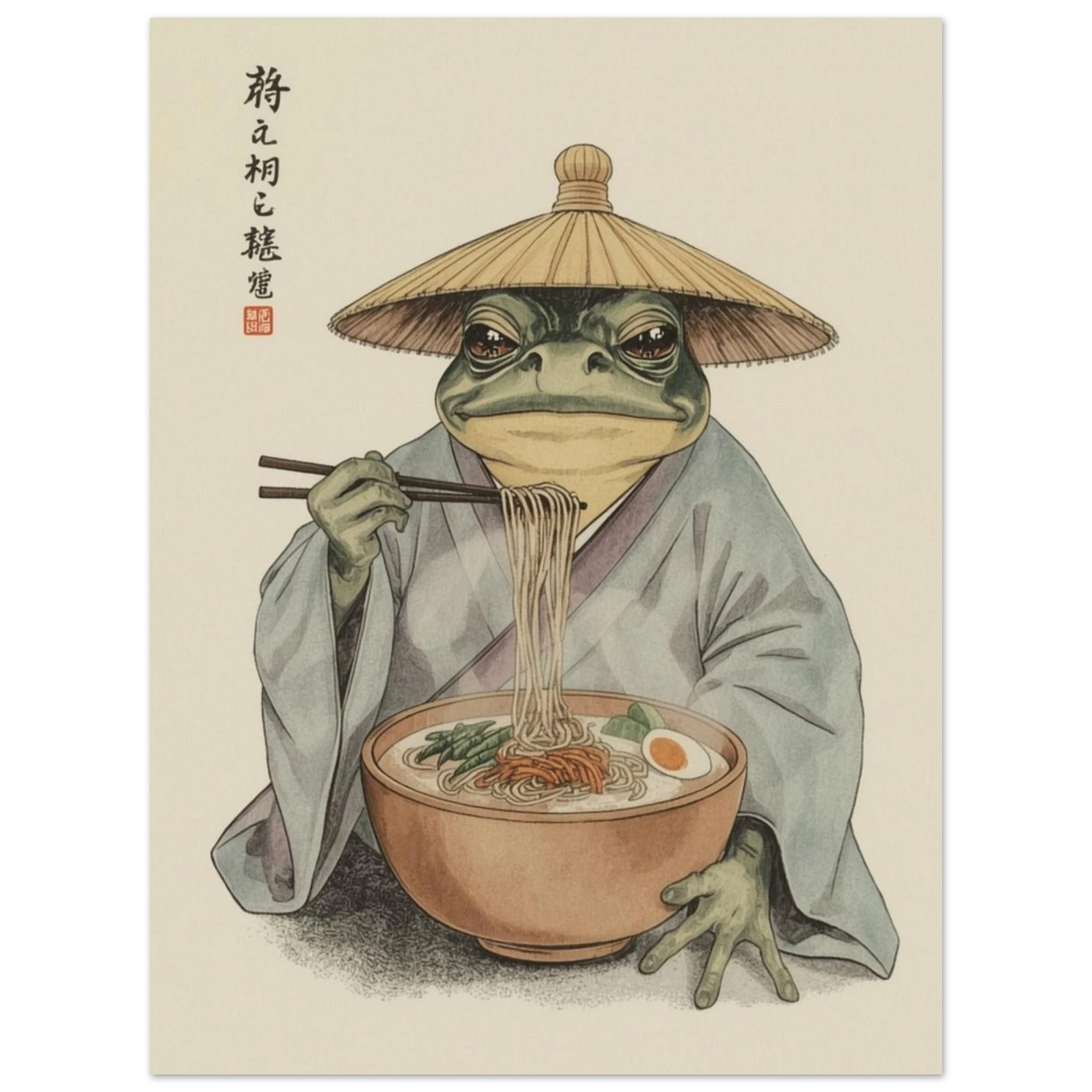 Närbild på illustrerad groda med ramenskål och japansk text – Retro poster
