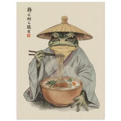 Närbild på illustrerad groda med ramenskål och japansk text – Retro poster