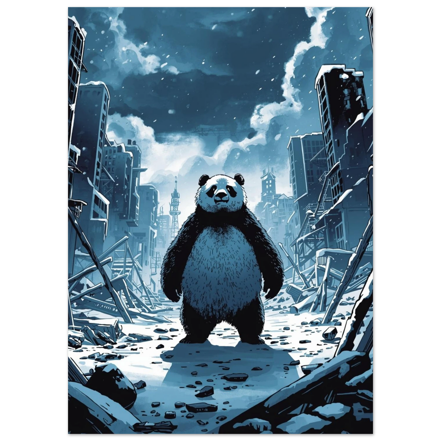 Illustration av panda i övergiven stad under snöig himmel – konstnärligt print