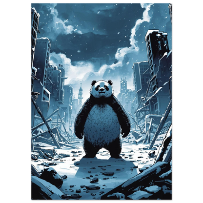 Illustration av panda i övergiven stad under snöig himmel – konstnärligt print