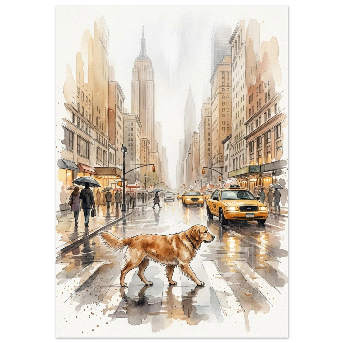 Golden retriever korsar regnig gata i New York – akvarellmålning djurmotiv