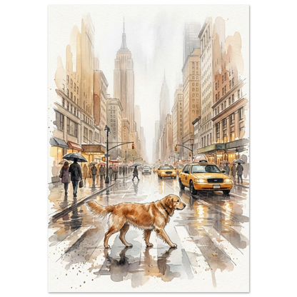 Golden retriever korsar regnig gata i New York – akvarellmålning djurmotiv
