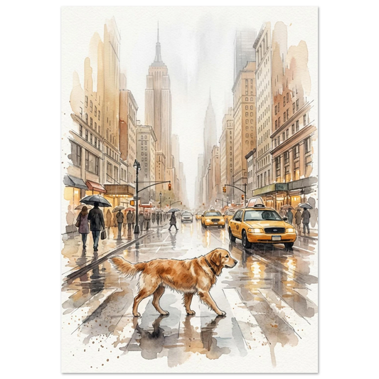 Golden retriever korsar regnig gata i New York – akvarellmålning djurmotiv
