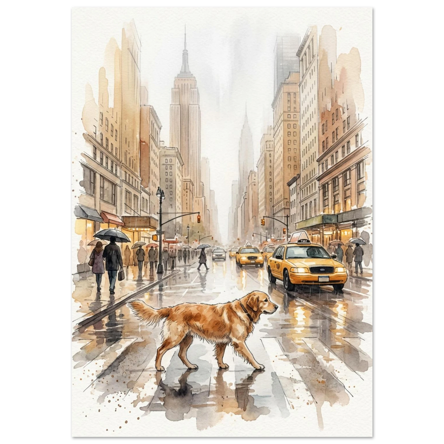 Golden retriever korsar regnig gata i New York – akvarellmålning djurmotiv