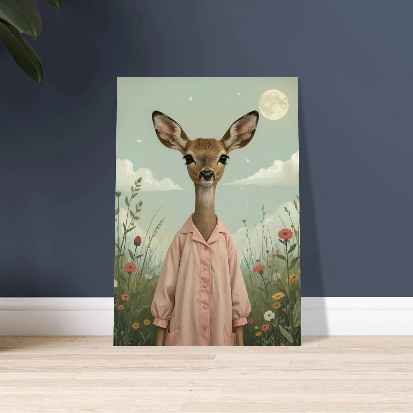 Rådjur i rosa skjorta bland blommor under månsken