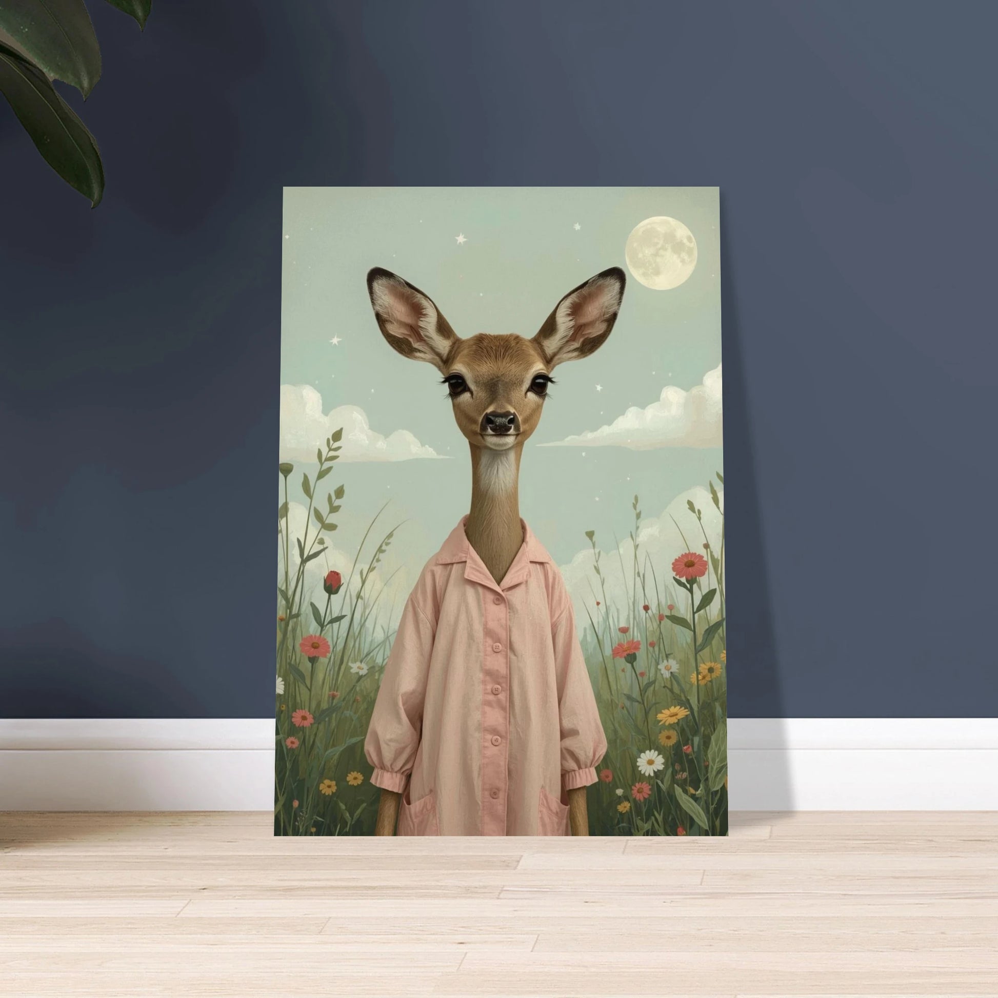 Rådjur i rosa skjorta bland blommor under månsken