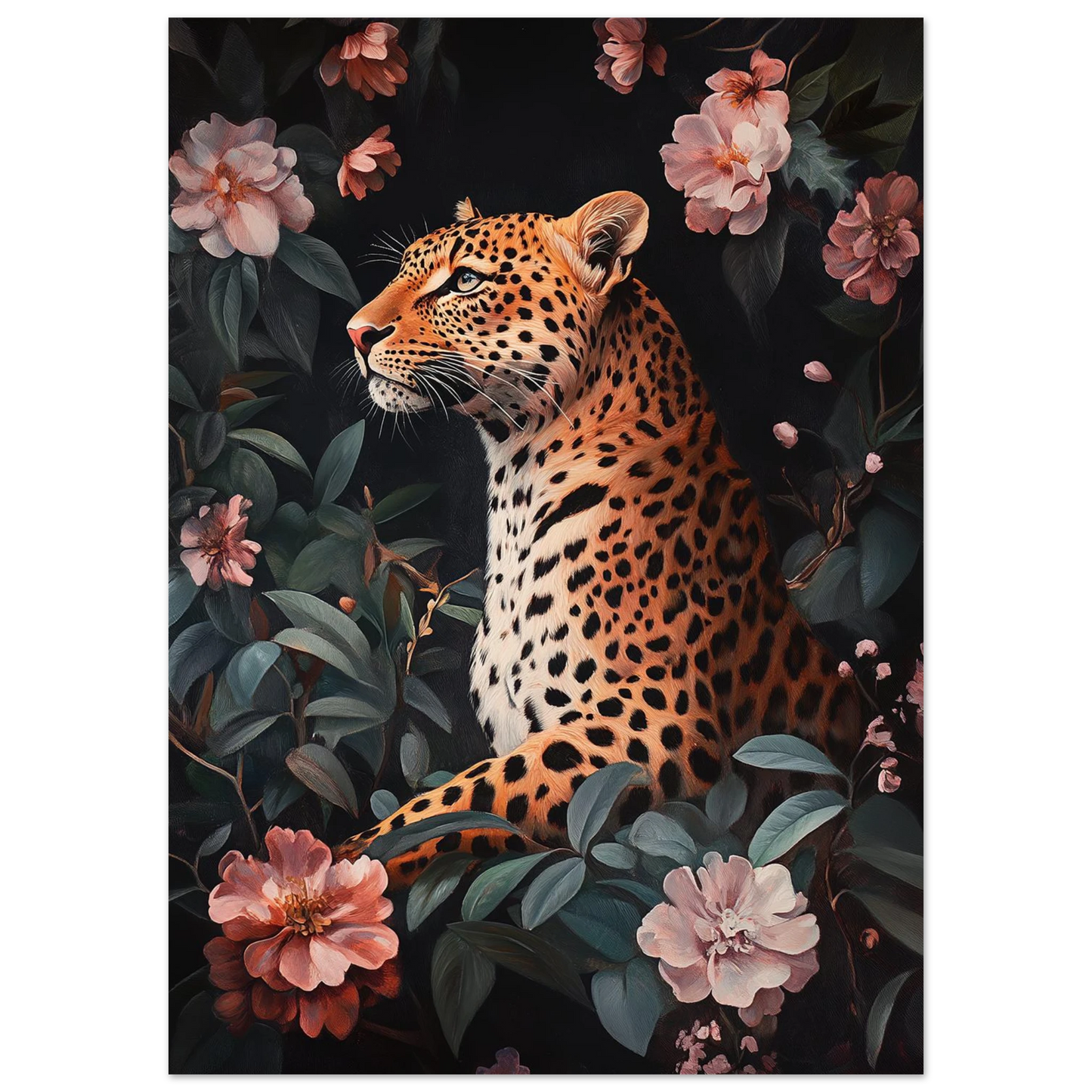 Närbild på leopardens fläckiga päls bland lummig växtlighet, oljemålning på poster
