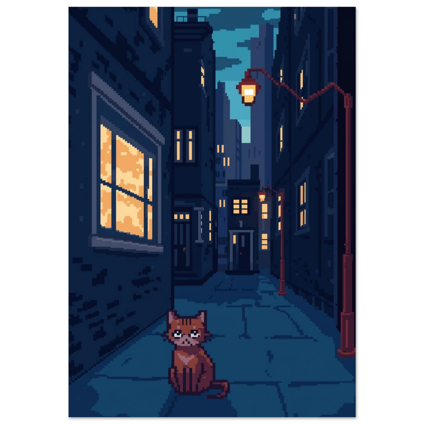 Pixelkonst av rödbrun katt i blå nattlig gränd, vit bakgrund