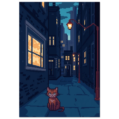 Pixelkonst av rödbrun katt i blå nattlig gränd, vit bakgrund