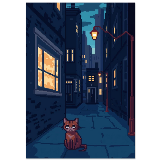 Pixelkonst av rödbrun katt i blå nattlig gränd, vit bakgrund