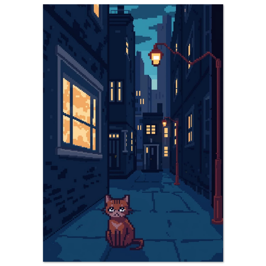 Pixelkonst av rödbrun katt i blå nattlig gränd, vit bakgrund