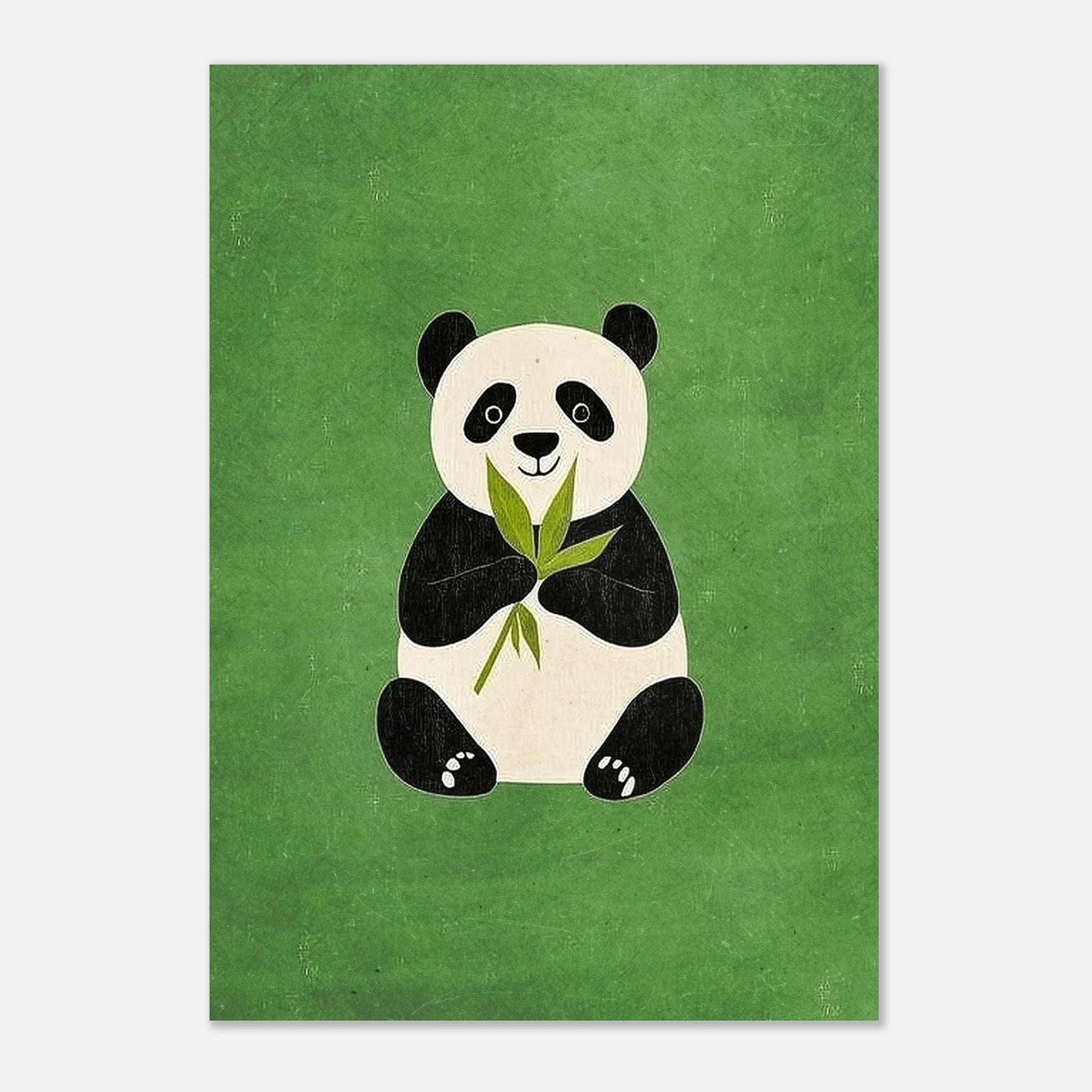Minimalistisk pandailustration med bambu i tassarna mot skogsgrön bakgrund