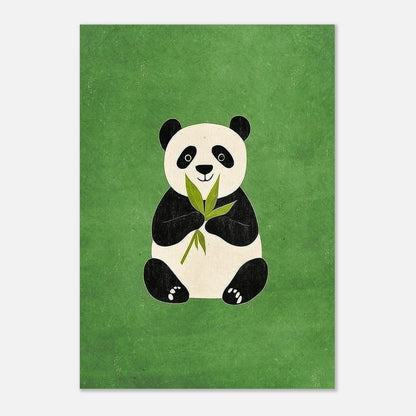 Minimalistisk pandailustration med bambu i tassarna mot skogsgrön bakgrund
