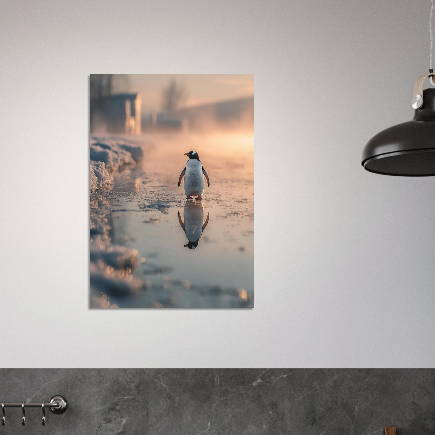 Ensam pingvin i ett vidsträckt vintrigt landskap – Fotorealistisk poster
