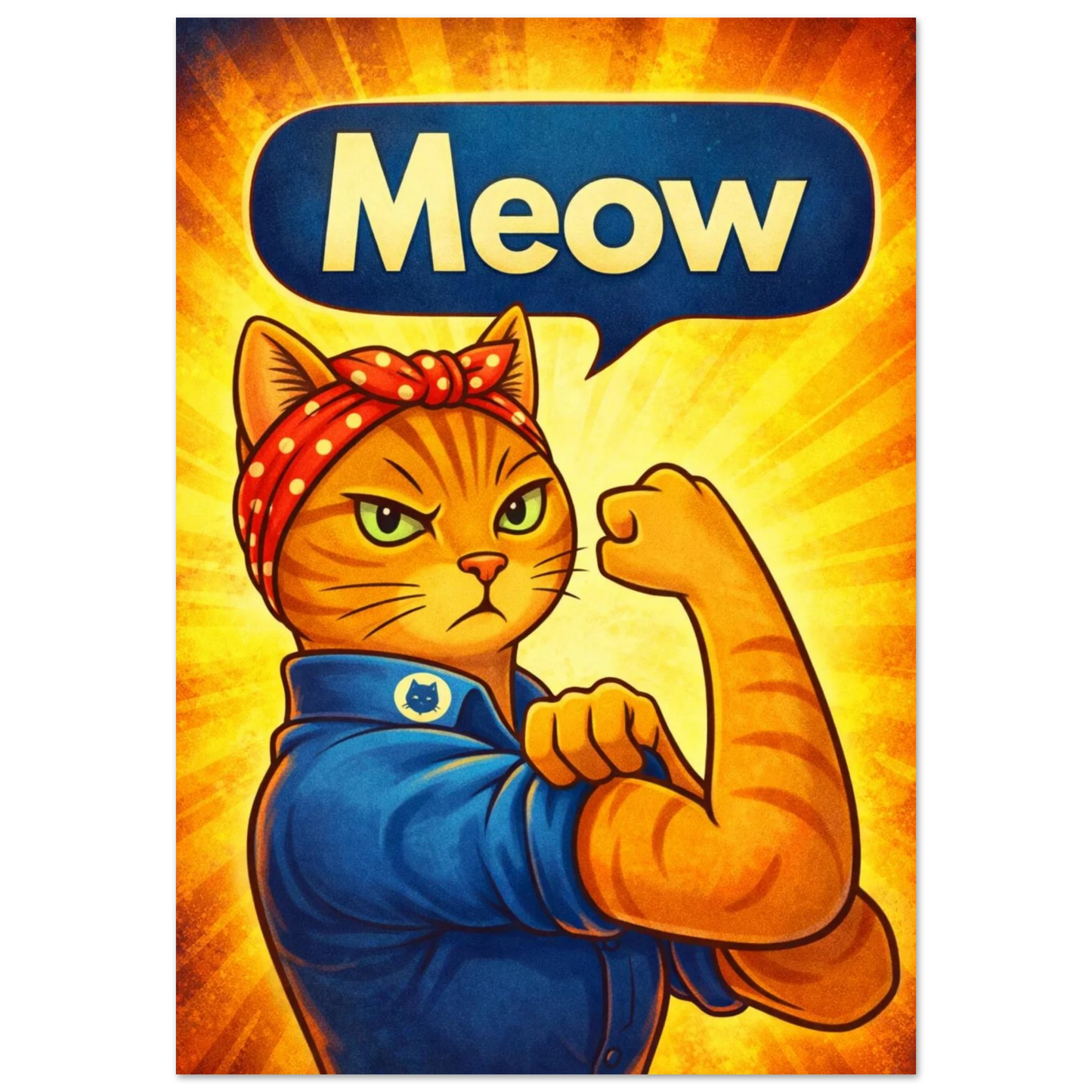 Retroinspirerad poster med en katt i "Rosie the Riveter"-pose som visar muskel och har "Meow" i pratbubblan – retro tecknad poster
