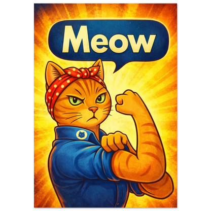 Retroinspirerad poster med en katt i "Rosie the Riveter"-pose som visar muskel och har "Meow" i pratbubblan – retro tecknad poster