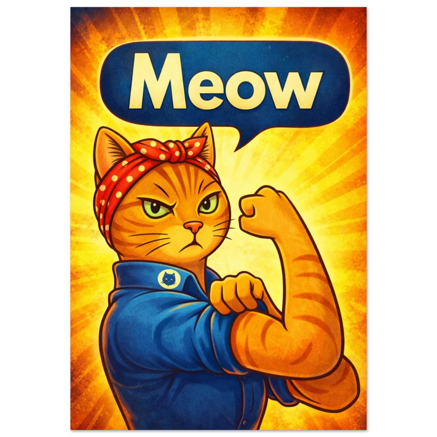 Retroinspirerad poster med en katt i "Rosie the Riveter"-pose som visar muskel och har "Meow" i pratbubblan – retro tecknad poster