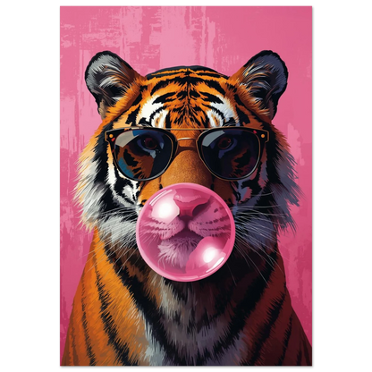 Tiger med solglasögon och rosa tuggummibubbla – Tecknad poster