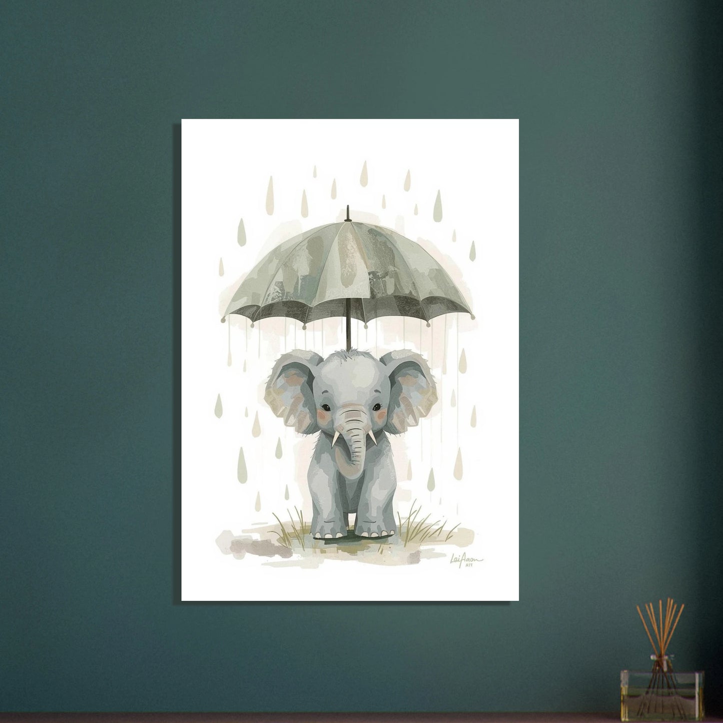 Söt elefantunge under paraply i regn, mjuk gouache-illustration
