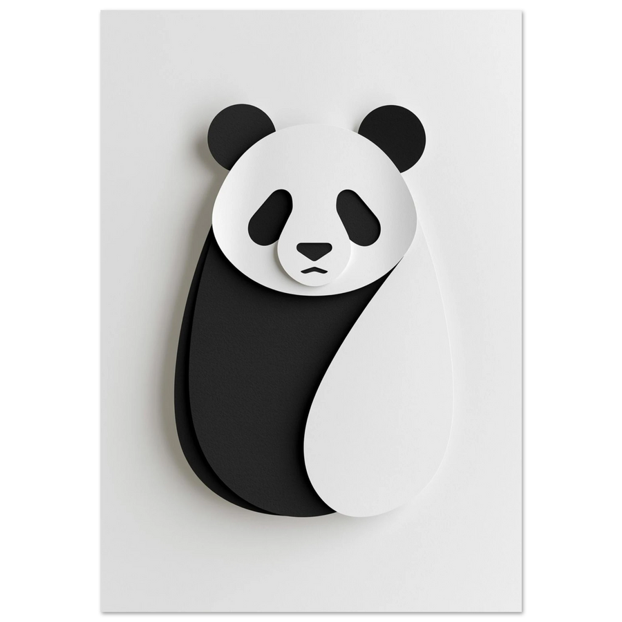 Minimalistisk panda i vit papperskonst-stil med mjuka svarta konturer
