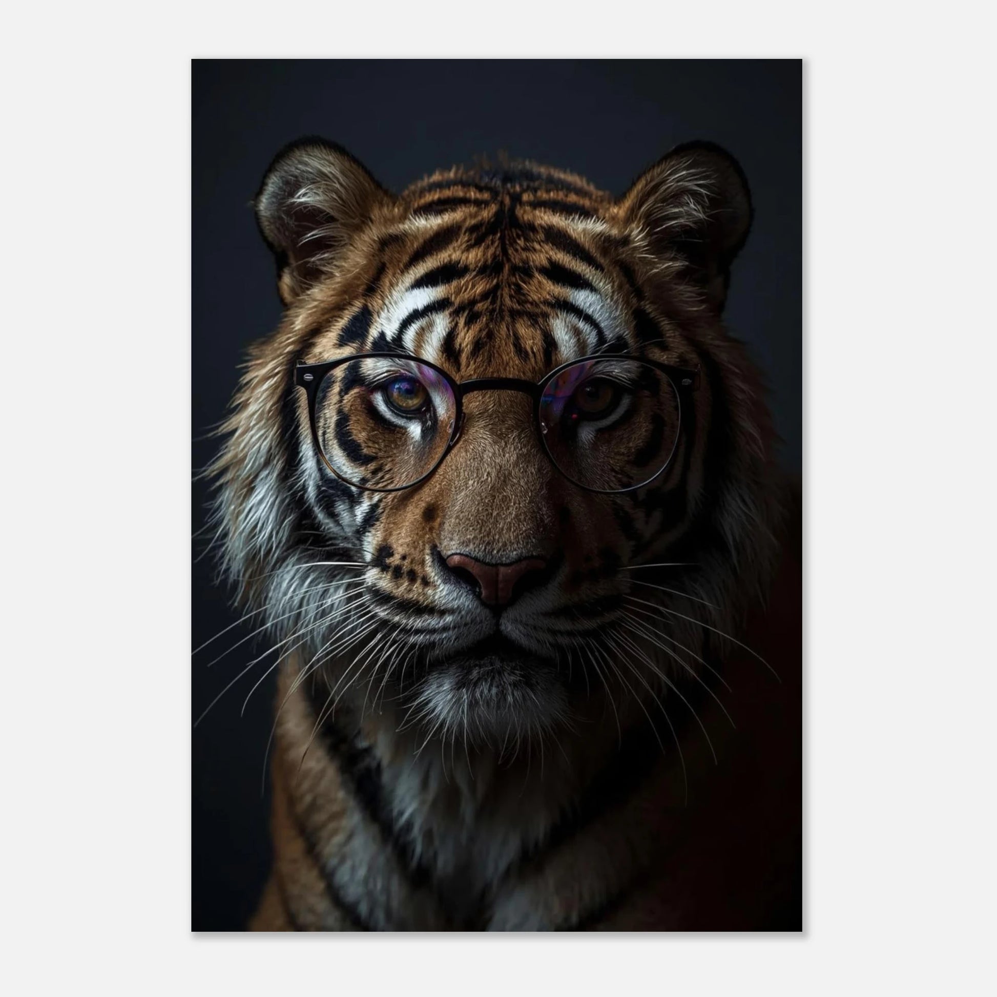 Tiger med glasögon framifrån, på svart bakgrund, visande hela postermotivet – Fotorealistisk poster