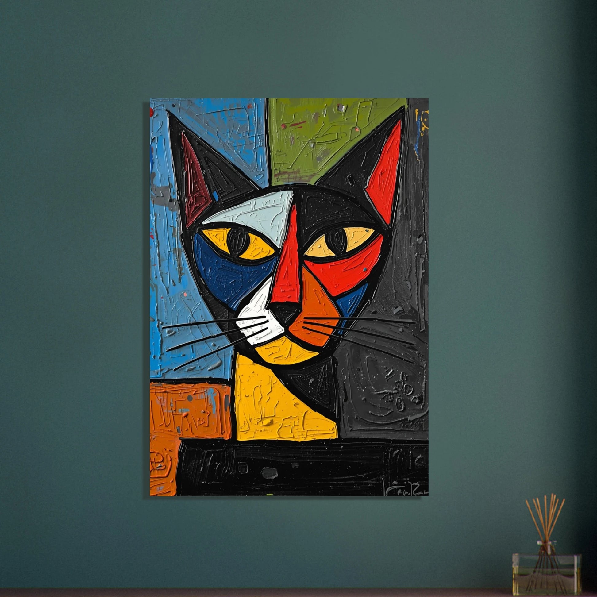 Kubistisk katt i Picassoinspirerad stil, färgstark och abstrakt konst.
