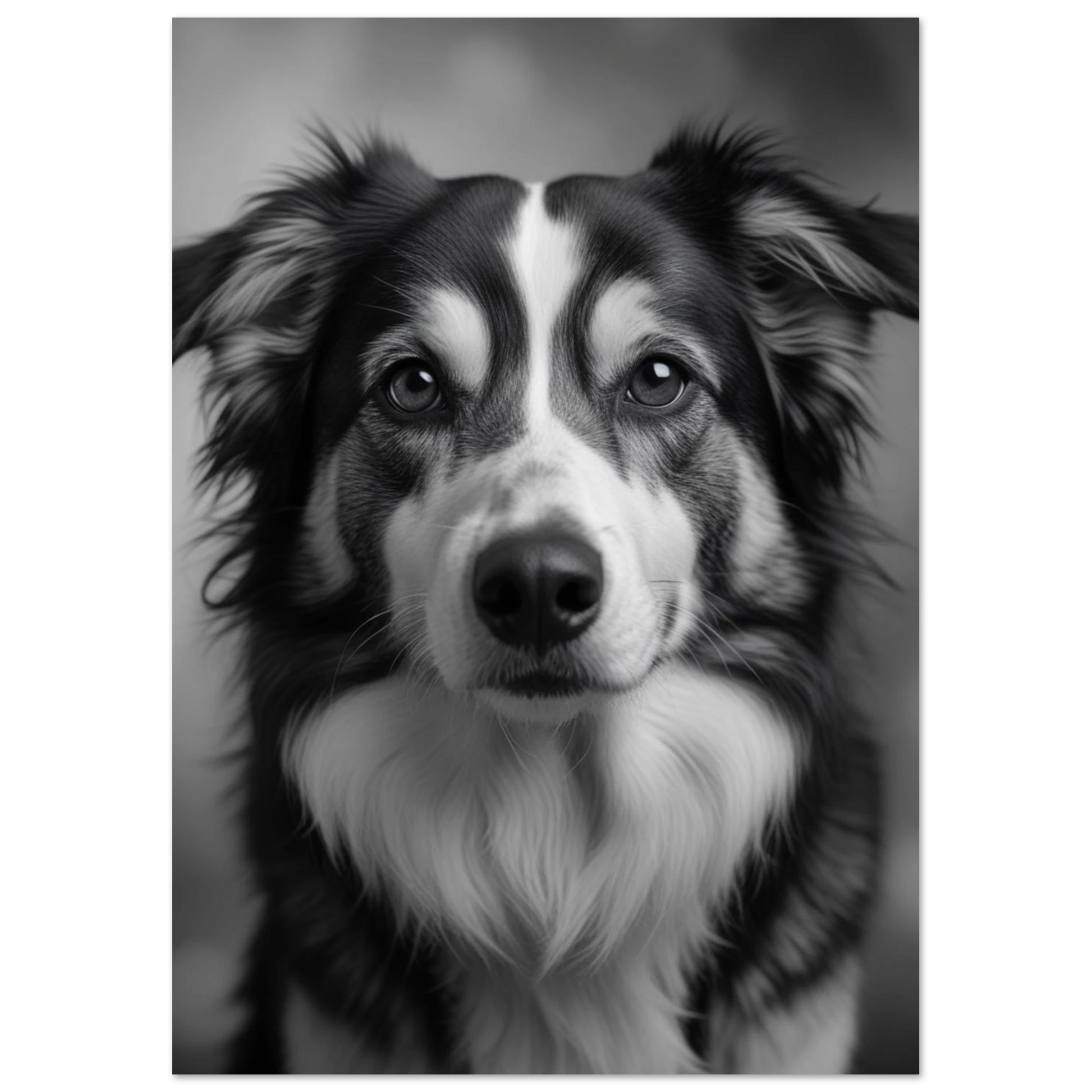 Stilren hundposter föreställande en Border Collie i klassisk gråskala för modern inredning