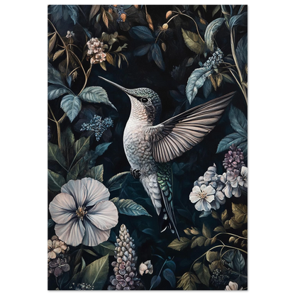 Detaljerad kolibri i flykt omgiven av mörka blad och vita blommor