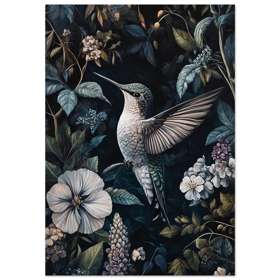 Detaljerad kolibri i flykt omgiven av mörka blad och vita blommor