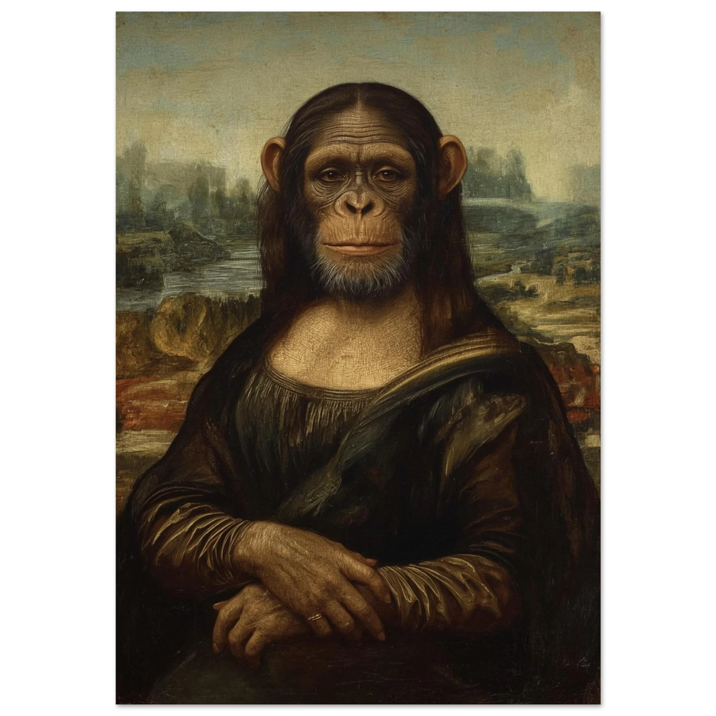 Schimpans som Mona Lisa i mörk oljemålning med bruna toner