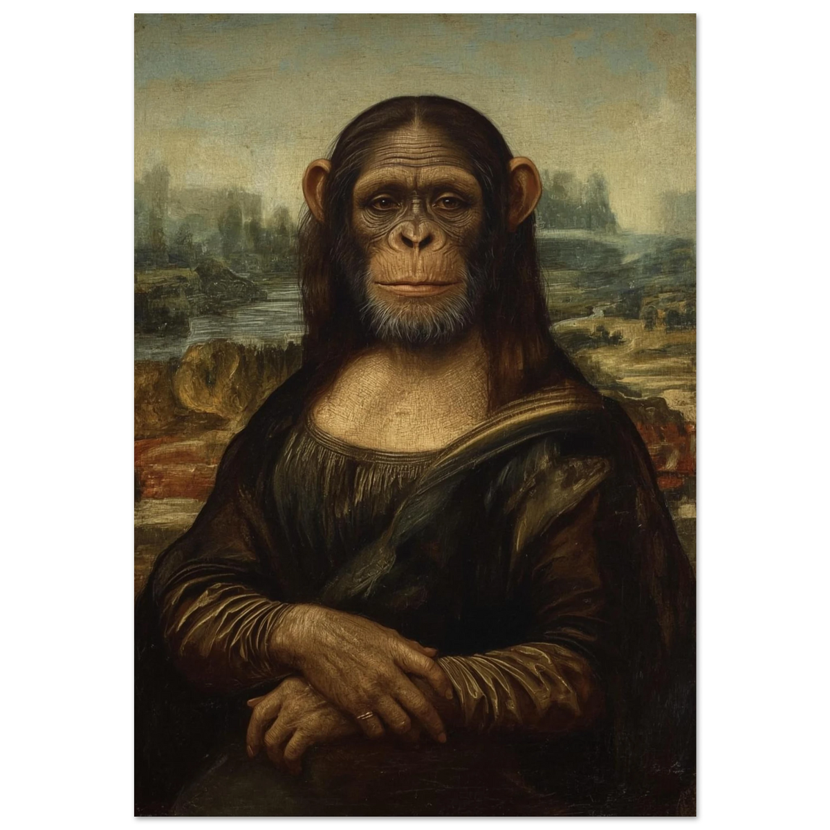 Schimpans som Mona Lisa i mörk oljemålning med bruna toner