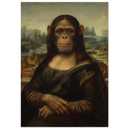 Schimpans som Mona Lisa i mörk oljemålning med bruna toner