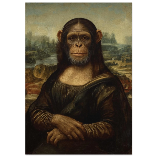 Schimpans som Mona Lisa i mörk oljemålning med bruna toner