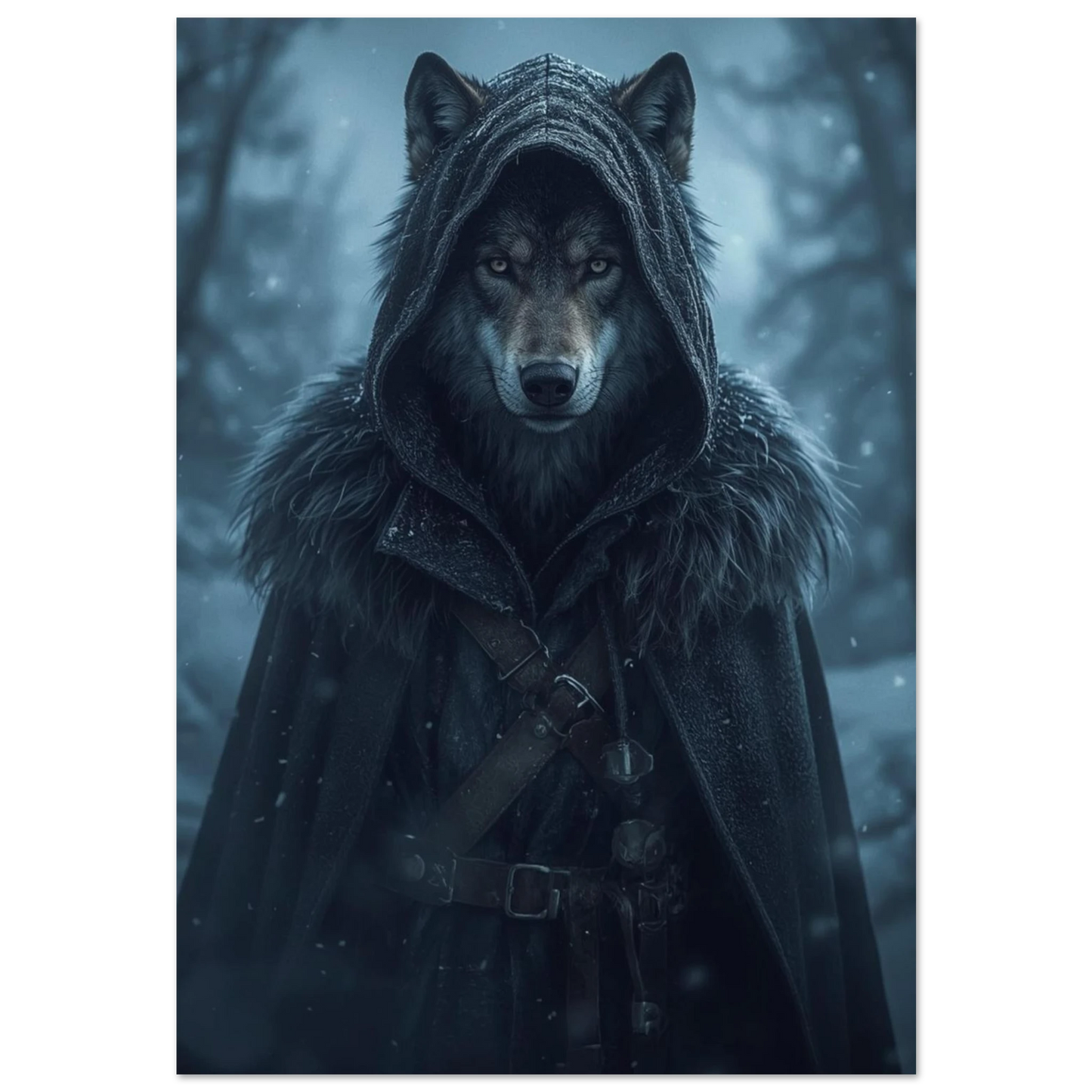 Mytisk varg i mörkgrå huva och mantel – fantasy djurposter