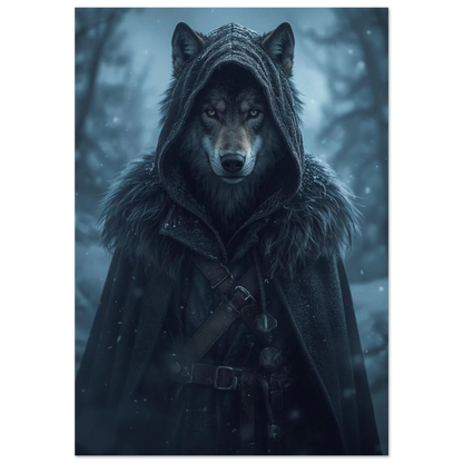 Mytisk varg i mörkgrå huva och mantel – fantasy djurposter